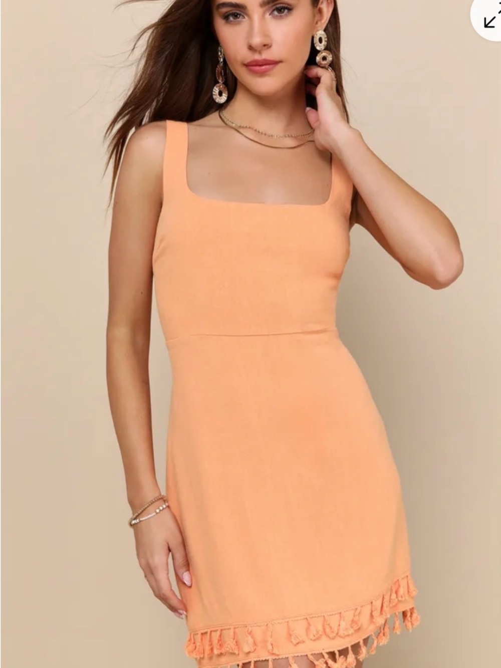 Lulus Orange Tassel Mini Dress – Square Neck Linen Blend Summer Vacation Dress